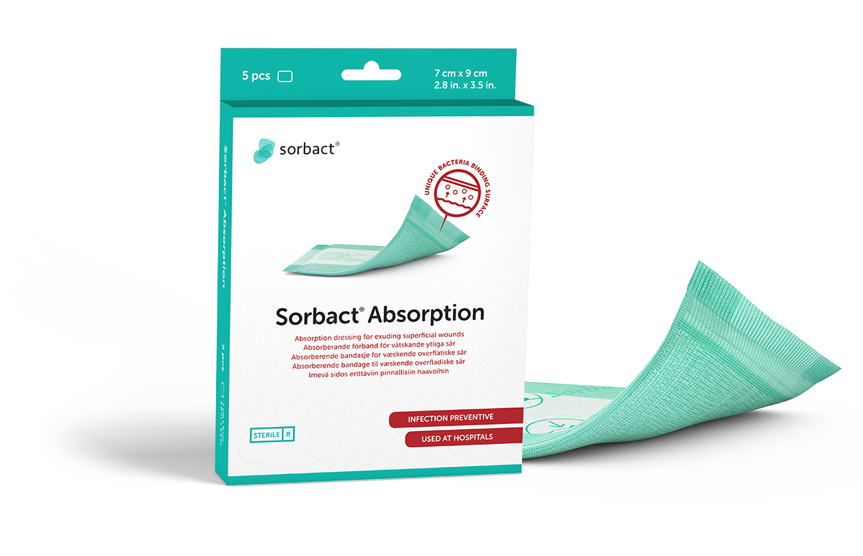 Sorbact Absorption -pakkauksen ja sidoksen vieressä.