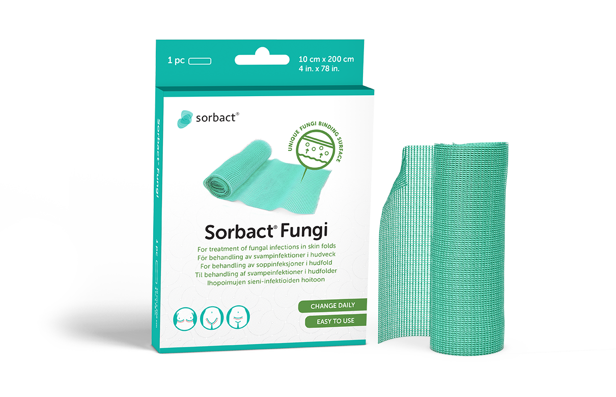 Sorbact Fungi -pakkauksen ja sidoksen vieressä.