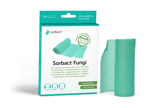 Sorbact Fungi -pakkauksen ja sidoksen vieressä.