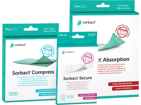 Sorbact Compress-, Sorbact Secure- ja Sorbact Absorption -pakkauksia.